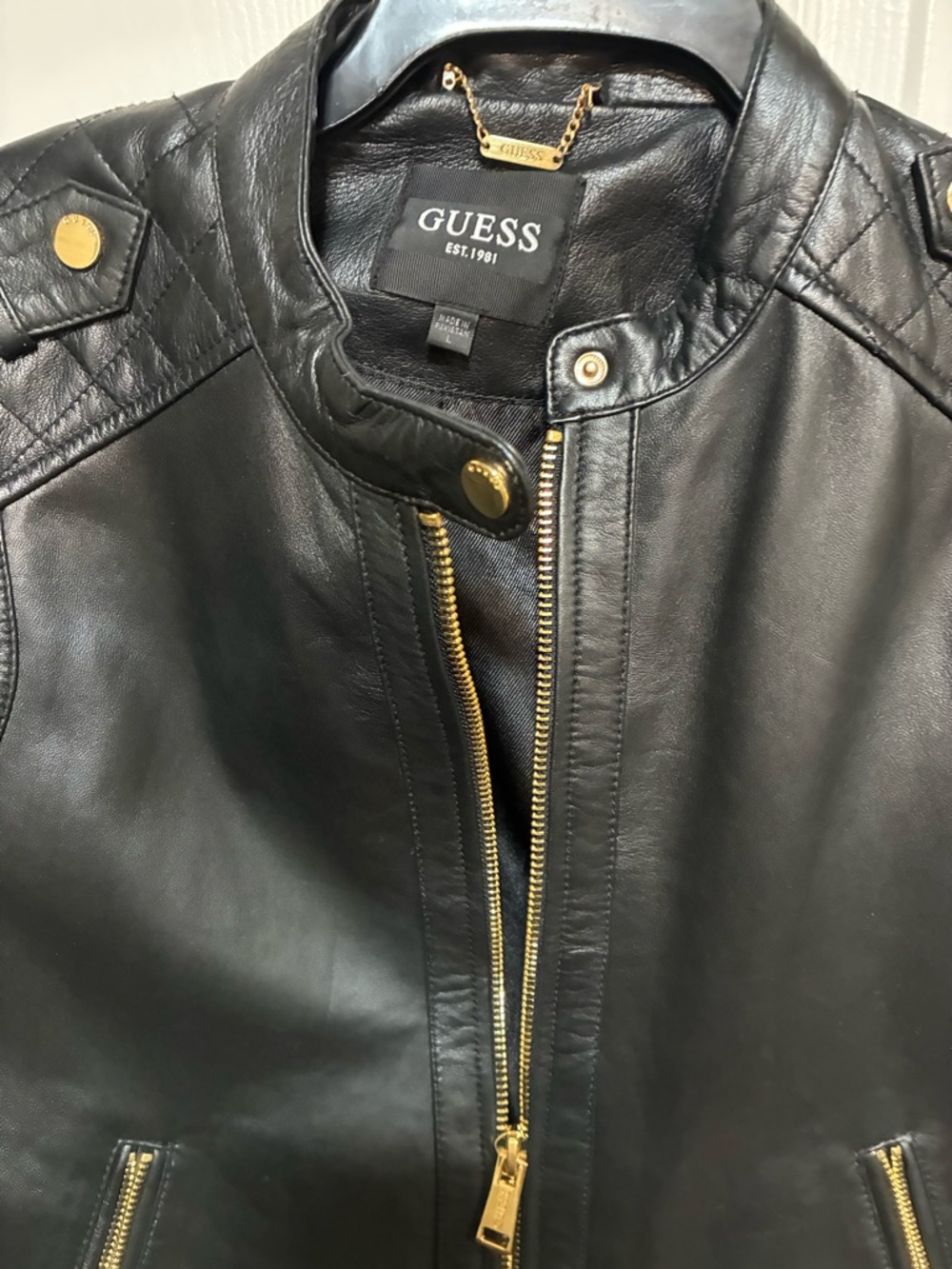 Guess Black Leather Jacket with Gold Hardware Size Large - Picture 2 of 5